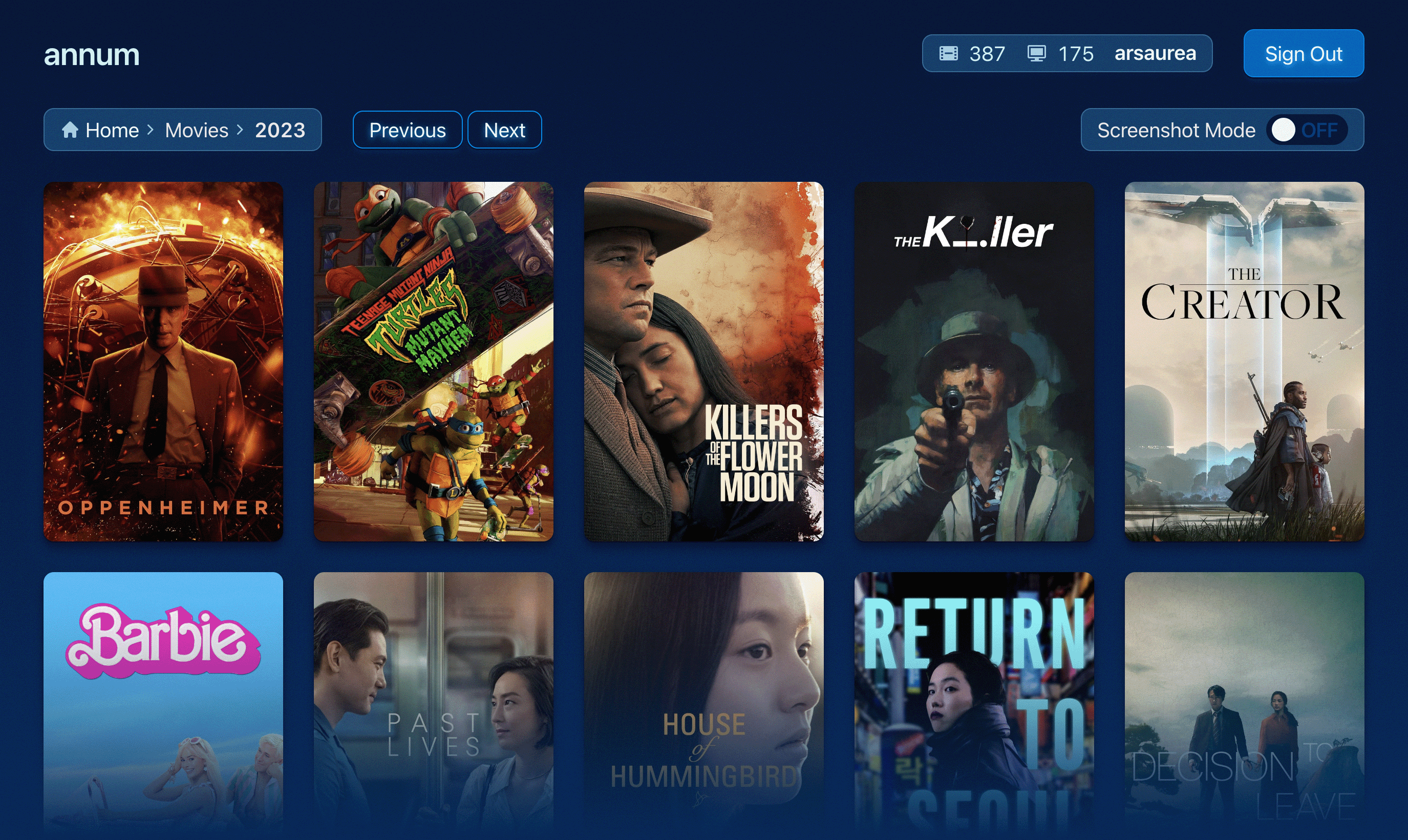 Screenshot of the dashboard you will see once logged in. Shown is the movie overview for the year 2023, with all movie posters in a 5 column grid. You can use previous/next buttons to switch years and enable a "Screenshot Mode" to remove the gaps between the columns and rows.